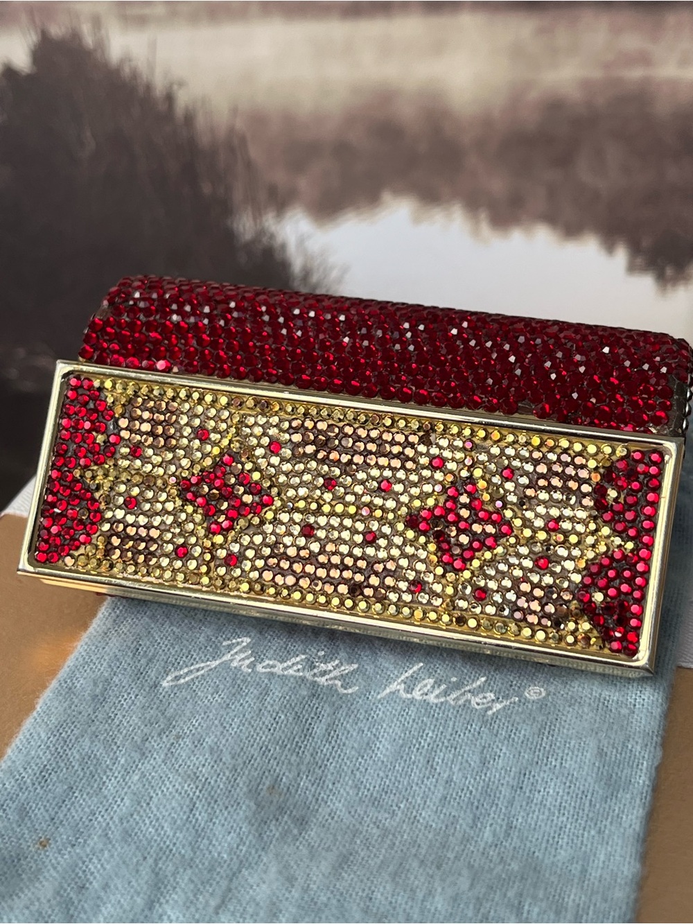 Judith Leiber Red and Gold Crystal Rectangular Minaudière Lipstick Clutch Case